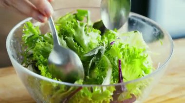 Sağlıklı atıştırmalık hazırlıyorum. Taze sebze salatasını iki kaşıkla karıştıran kadın.