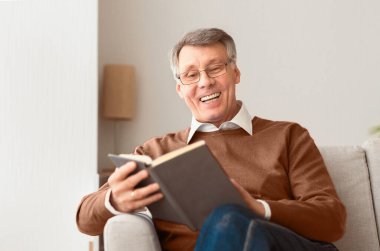 Mutlu Emeklilikler. Son sınıf öğrencisi kitap okuyor. Evde koltukta dinleniyor. Seçici Odaklanma