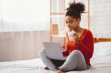 Afrika kökenli Amerikalı bir kadın hafta sonu sabahı evde yatağında oturup laptopunu kahve içerken kullanıyor. Boş Alan, Seçici Odaklanma