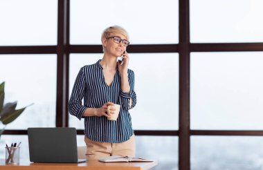 Successful Business Lady Talking On Cellphone Standing Near Window At Workplace In Modern Office. Corporate Lifestyle. Selective Focus, Copy Space