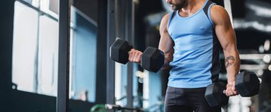 Bir adam dambılları kaldırmaya odaklanır, spor salonunda egzersiz yapar, fotokopi alanı ile panorama yapar.