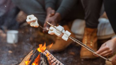 Kamp ve piknik konsepti. Ormanda lokum kızartan gezginlerin yakınına.
