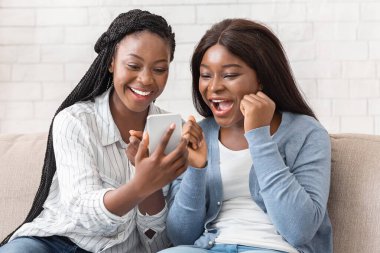 Haberler iyi. Mutlu kız arkadaşlar heyecanla Smartphone Screen 'e bakıyor, evde birlikte koltukta oturuyorlar..