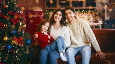 Dost canlısı küçük bir aile Noel için hazırlanıyor, kanepede oturuyor, dekore edilmiş mutfağın üzerinde kameraya gülümsüyor, bedava yer açıyor.