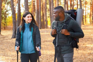 Ormanda sırt çantasıyla gezerken eğlenen çok ırklı bir grup genç.