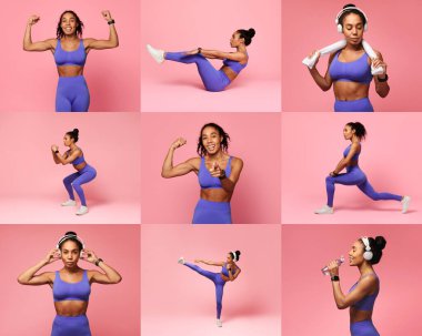 African American woman fitness enthusiast showcases a series of energetic exercises, including squats, lunges, and ab workouts. Dressed in vibrant workout gear, she radiates enthusiasm and motivation. clipart