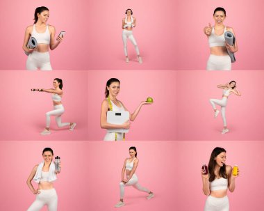 A fitness enthusiast demonstrates exercises and healthy choices, using weights and a yoga mat, all set against a vibrant pink background.