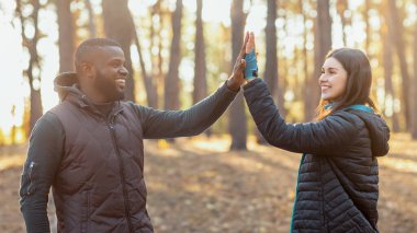 Afrikalı bir adam çadırda güzel bir kıza beşlik çakıyor sonbahar ormanlarında kamp yapıyor, fotokopi çekiyor.