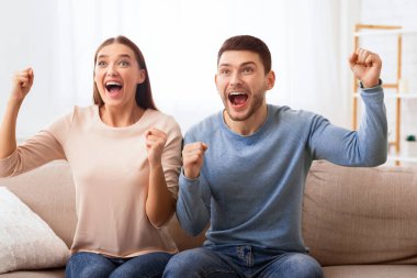 TV 'de bağıran ve favori takımını destekleyen heyecanlı bir çift evdeki koltukta oturuyor. İlişki ve Ortak Çıkarlar