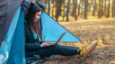 Bağlantıda kalın. Genç kız kamp çadırında dizüstü bilgisayar kullanıyor, sonbahar ormanlarında yürüyüş yapıyor, boş bir alanda.