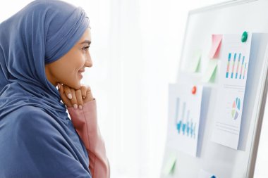 Başarıya odaklanmış. Ofis tahtasında asılı grafiklere ve çizelgelere bakan dalgın bir Arap iş kadını portresi