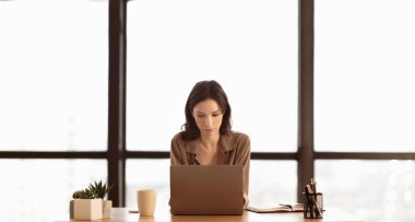 Distance Learning. Concentrated female student using laptop, doing homework project and research, copyspace