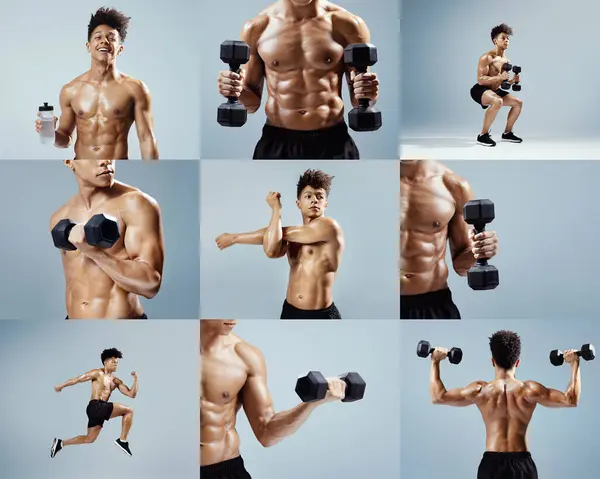 stock image A young man performs different strength training exercises using dumbbells, showcasing his physique and workout routine in a well-lit indoor space