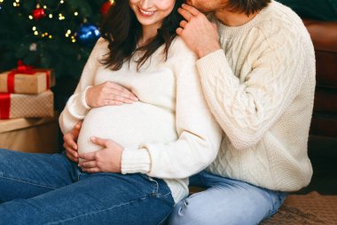 En iyi Noel hediyesi. Kocasıyla birlikte genç hamile bir kadın Noel ağacının yanında oturmuş, fotokopi çekiyor.