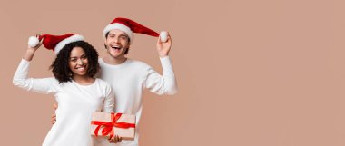 Noel Baba şapkası takan ve sarı arka planda Noel hediyesiyle poz veren neşeli, çok kültürlü bir çiftin portresi. Birlikte eğleniyorlar.