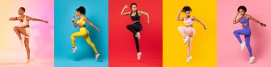 Bir grup kadın çeşitli enerjik egzersizlere katılıyor, canlı, renkli arka planlara karşı güç ve zindelik sergiliyorlar. Kıyafetleri farklı stil ve fitness tutumlarını yansıtıyor..
