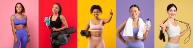 Değişik geçmişlere sahip beş kadın canlı aktif giysiler, spor kıyafetleri ve aksesuarlarla poz veriyor. Renkli arka planlar, sağlık ve egzersiz konusundaki heveslerini arttırıyor..
