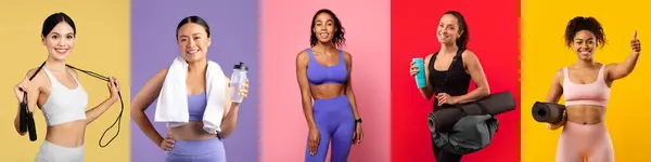 Five women of different backgrounds are presenting various fitness apparel and accessories, each radiating confidence and enthusiasm for health and wellness while standing against vibrant backgrounds.