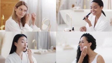 Dört kadın spa 'da rahatlatıcı bir günün tadını çıkarıyor. Her biri huzurlu bir ortamda cilt bakımı ya da makyaj yapıyor..