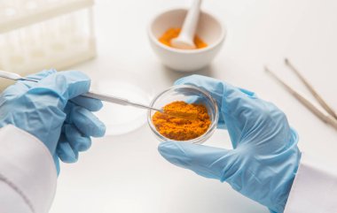Laboratuvar ekipmanlarının yardımıyla sokağa çıkma yasağı mülklerinin tıbbi araştırması, zerdeçal tozunu test eden eldivenli adam