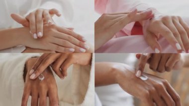 Huzurlu bir kaplıca ortamında, birden fazla elin nemlendirici tedaviler aldığı gösterilir. Odak noktası hem narin hem de dokulu cilde vurgu yapıyor, özbakımı vurguluyor..