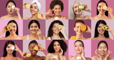 Bir grup kadın ellerinde meyve dilimleri ve cilt ürünleri tutarken gülümsüyor, renkli bir stüdyo ortamında doğal güzellik tedavilerinin neşesini sergiliyorlar..