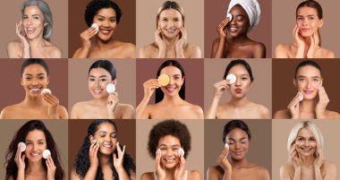 A group of women with various skin tones and hair types demonstrate their skincare routines, smiling and applying products in a neutral-toned studio backdrop. clipart