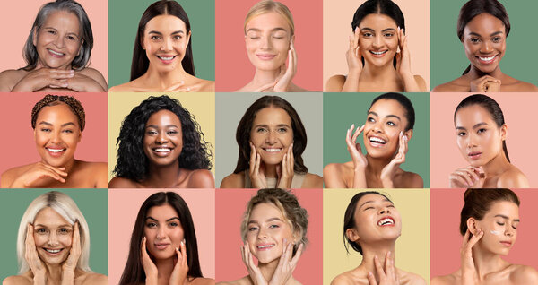 A group of women representing various ages and skin tones express joy and confidence while engaging in skincare routines against colorful backdrops.