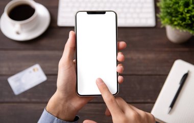 Adam boş smartphone ekran işyerinde, mockup uygulama ar Web sitesi, boş alan için dokunaklı
