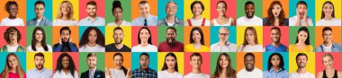 Human Emotions And Mood. Series of multiethnic people faces and portraits on studio background, panorama. Diverse men and women grimacing. Composition of different facial expressions and avatars