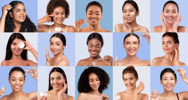 A vibrant group of women of various ages demonstrate their skincare routines. Each individual applies different products, smiling and sharing tips in a light blue setting. clipart