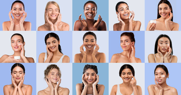 В ярком коллаже представлены женщины из разных слоев общества, участвующие в процедурах по уходу за кожей, демонстрирующие широкий спектр выражений и продуктов. Это подчеркивает важность ухода за собой и красоты.