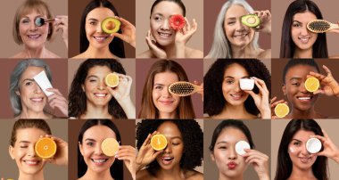 A vibrant collage features women of various backgrounds engaging with natural skincare products. Each woman holds fruits or beauty tools, highlighting diverse routines and beauty practices. clipart