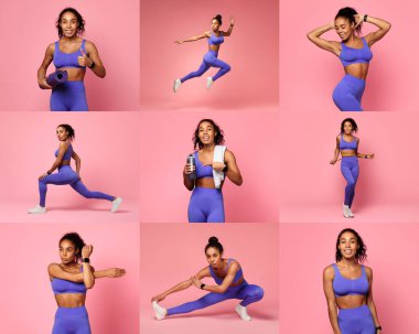 African American woman in stylish activewear engages in various fitness poses, including jumps, stretches, and lunges. The bright pink background enhances her energetic routine. clipart