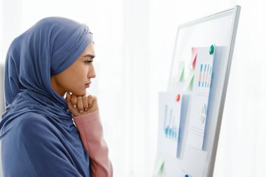 Endişeli müslüman iş kadını ofiste bilgi grafiklerini izlerken düşünceli yüz ifadesi, şirket performansından mutsuz, kenar görüşlü.