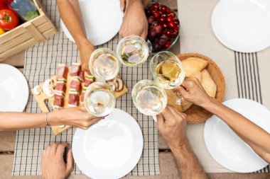 A vibrant outdoor gathering features friends toasting with glasses of wine. Delicious appetizers and fresh fruits are laid out on the table, creating a festive atmosphere. clipart