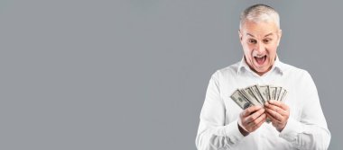 Büyük Galibiyet. Heyecanlı Üst Düzey Para Poz Verme, Dolarlık Banknotlar Tutma, Gri Stüdyo Duvarı, Boş Alan