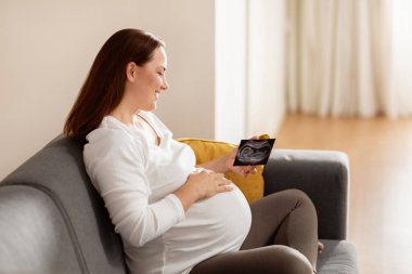 Hamile bir kadın gri bir kanepeye rahatça oturur ve ultrason fotoğrafına bakıp gülümser. Yumuşak öğleden sonra ışığı etrafındaki rahat oturma odasını aydınlatıyor..