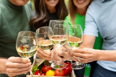 Bir grup arkadaş dışarıda toplanıyor, gülümsüyor ve hafif bir içecekle doldurulmuş kadehleri kaldırıyorlar. Taze ürünlerle çevrili canlı, yeşil bir ortamda birbirlerine eşlik etmekten hoşlanırlar..