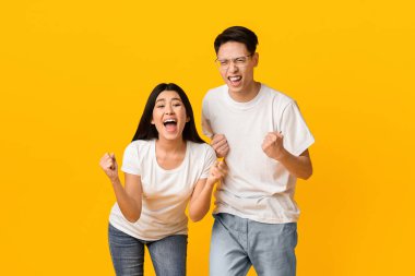 Asyalı ortaklar başarıya sevinir, yumruklarını sıkar ve zaferle bağırırlar, sarı arka planda yan yana dururlar.