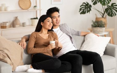 Gülümseyen Asyalı çift rahatlıyor ve evde televizyon seyrediyor, taşınma gününden sonra dinleniyor, boşluğu kopyalıyor.