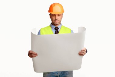 Bina Mühendisi, Beyaz Arkaplan Üzerine Proje Planı Tutuyor. Stüdyo Çekimi