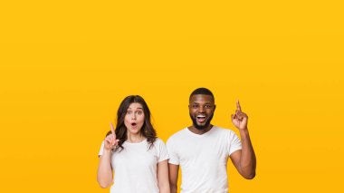 Güzel tanıtım. Sarı arkaplanda işaret eden çok ırklı çift işaret parmaklarıyla kameraya bakıyor.