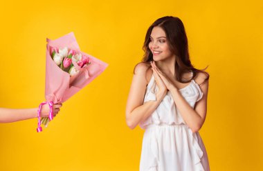 Çiçek teslimat servisi. Şaşırmış Hanımefendiye Bir Buket Lale Vermek Renkli Stüdyo Arkaplanı, Kesilmiş