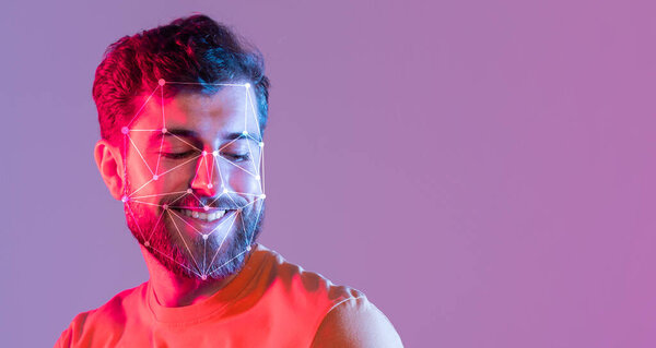 A man wears a bright orange shirt while smiling, captured within a bright purple background. Visual patterns enhance his facial features, showcasing technology and emotion.