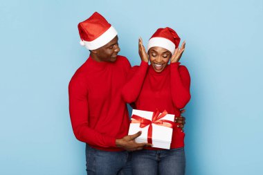 Kırmızı süveter ve Noel Baba şapkası giyen neşeli bir çift, birbirlerine paketlenmiş hediyelerini verirken samimi bir anı paylaşıyorlar. İfadeleri mutluluk saçıyor, neşeli bir ortamda..