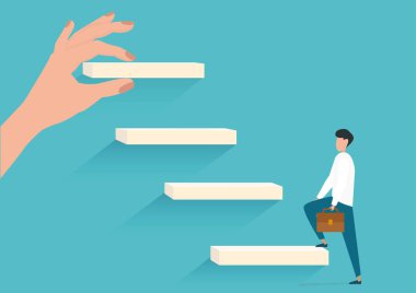 Kariyer Gelişimi Konsepti. Adam üst katta yürürken El Mavi Arkaplan 'a yeni hedefler belirliyor. Görüntü