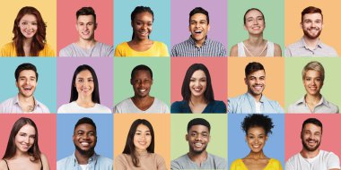 Pozitif Çok Irklı İnsanlar Kolajla Karşı Karşıyalar. Çok Kültürlü Başarılı Milenyum Kadınları ve Erkekler Farklı Renkler Üzerinde Birlikte Poz Veriyorlar. İnsan vesikalıkları ve portreler mozaiği. Panorama