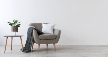 Modern ev iç tasarımı için fikirler. Beyaz yastıklı ve battaniyeli gri eski bir koltuk, yerde yeşil bitkilerle dolu bir masa, ışık duvarı arka planı, panorama, fotokopi alanı, hiç kimse