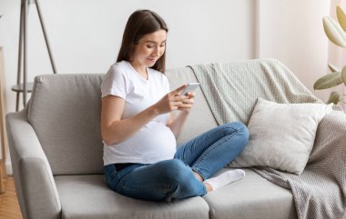 Hamilelik Takip Uygulaması. Gülümseyen Hamile Kadın Evde Akıllı Telefon Kullanıyor, Bebek Blog 'u okuyor ya da internette geziniyor, Mutlu Bekleyen Kadın Oturma Odasında Cep Telefonu ile Rahatlıyor, Boş Alan